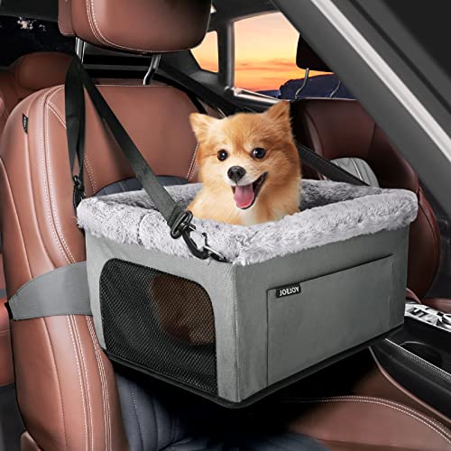 JOEJOY Deluxe Dog Booster Seat with Sturdy Metal Frame and Safety Leash for Small Pets up to 15 lbs - Portable Puppy Dog Car Seat with Thick Cushion and Storage Pockets for Small Dogs