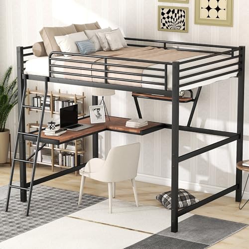 Full Size Loft Bed with Desk and a Storage Shelf, Heavy Duty Metal Loft Bed Full Size with Ladder and Guardrail, Full Loft Bed for Kids, Teens, Adults, Black Loft Bed Full Size