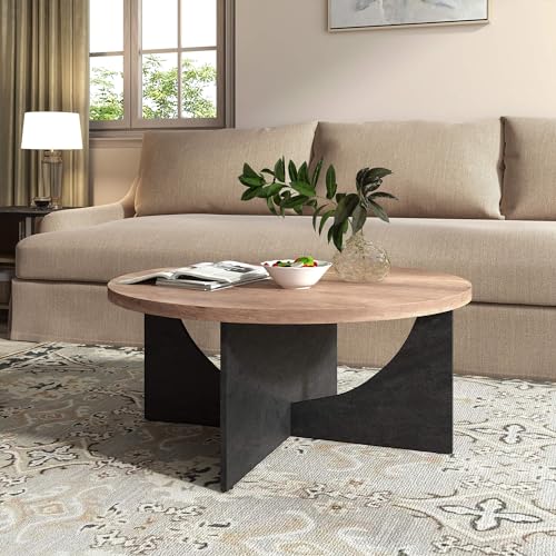 SAINTCY 35 Inch Round Coffee Table, Rustic Brown Circle Coffee Table, Retro Round Coffee Console Tables Living Room, Unique Design Wood Coffee Table with Ingenious Semi-Circular Space in The Legs