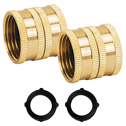 Hourleey Garden Hose Adapter, 3/4 Inch Solid Brass Hose Connectors, 2 Pack Hose Connector with 2 Extra Washers (Female to Female)