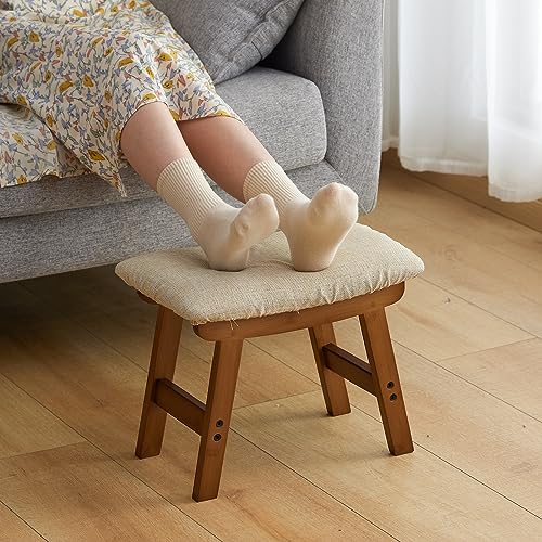 Foot Stool,Ottoman Foot Rest,Bamboo Foot Stool Under Desk,Small Stool for Living Room, Bedroom and Kitchen (Brown Legs - Beige Stool Surface)