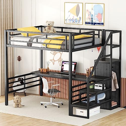 Oudiec Staircase Full Size Loft Bed with Built-in Desk & Wardrobe,Sturdy Bedframe w/Storage & Safety Guardrail,No Box Spring Needed,Perfect for Kids Bedroom,Black