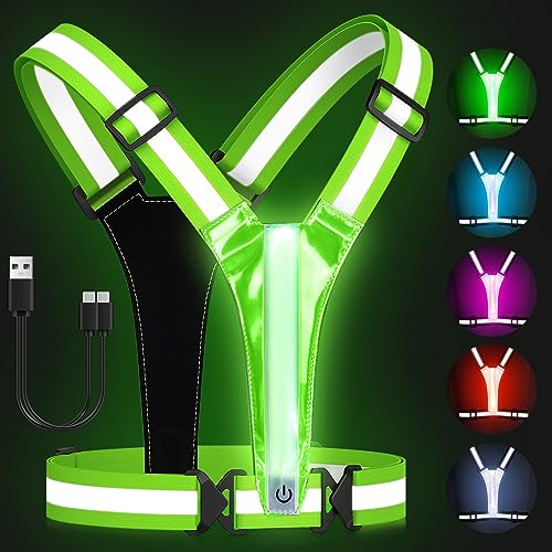 Zacro LED Reflective Vest Running Gear, 5 Lights Colors High Visibility Reflective Running Gear Rechargeable Light Up Running Vest for Walking Running Cycling, Adjustable for Men Women Kids