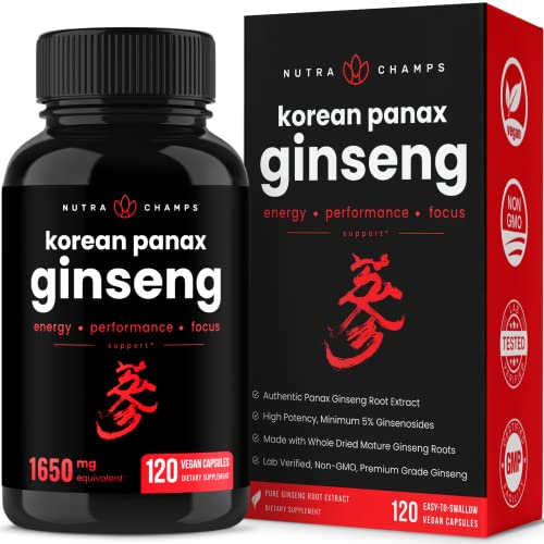 NutraChamps Korean Red Panax Ginseng Capsules | Extra Strength Ginsenosides for Energy, Focus, Performance, Vitality & Immune Support | Korean Red Ginseng Root Extract Powder Supplement | Vegan Pills