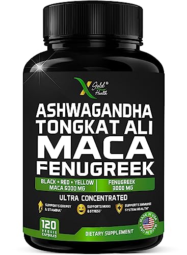 Ashwagandha 5000mg + Tongkat Ali 1000mg + Maca Root 5000mg + Fenugreek 3000mg Supplement | Black + Red + Yellow Maca Root Extract & Fenugreek Herbal Supplements for Men & Women - Made in USA