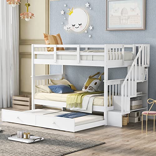 BIADNBZ Stairway Twin Over Twin Bunk Bed with Trundle and Storage Stairs, Solid Wood Bunkbeds Frame w/Safety Guardrails, Bedroom Furniture for Kids Teens Adults, White