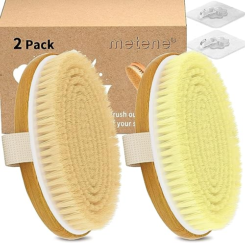 Metene 2 Pack Dry Body Brushes, Exfoliating Body Scrubbers, Natural Bristles for Dry Skin, Improve Circulation, Stop Ingrown Hairs, Reduce Acne and Cellulite (G7130)