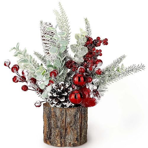 Small Christmas Tree Tabletop Artificial Mini Christmas Tree Decorations with Holiday Ornaments Red Berry Pine Cone Greenery for Home Indoor Fireplace Mantel Xmas Decor (Tree Stump-Red)