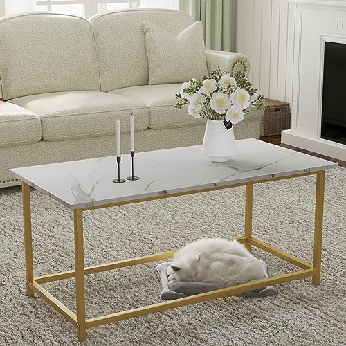 SAYGOER White Faux Marble Coffee Table Simple Modern Rectangular Coffee Tables Open Design Minimalist Center Table for Living Room Office, 39.37 x 19.69 x 17.72, White Gold