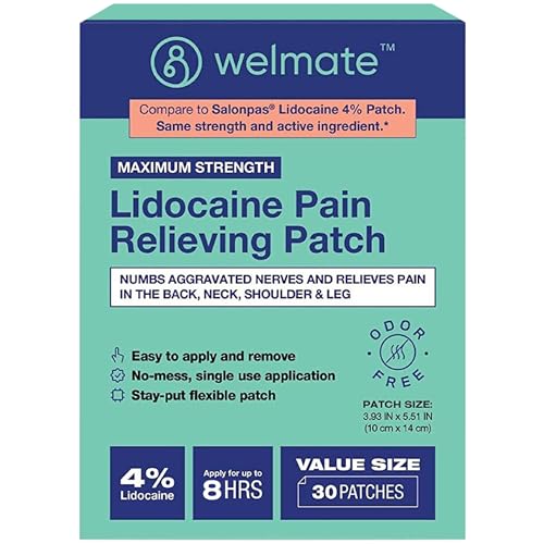 WELMATE | 4% Lidocaine Numbing Patch | Maximum Strength | Temporary Relief of Pain, Back, Neck, Shoulders, Knees, Elbows, Minor Skin Irritations | Topical Analgesic Unscented | 30 ct