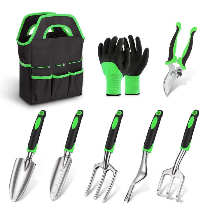 sungwoo Garden Tool Set 8 Piece, Heavy Duty and Lightweight Aluminium Alloy Tools with Ergonomic Handle, Durable Storage Tote Bag, Gardening Hand Tools, Gardening Gifts for Women and Men Green