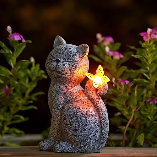 Solar Cat Outdoor Statues for Garden: Outside Decor with Butterfly Clearance for Yard Art Lawn Ornaments Porch Patio Balcony Home House - Birthday Gifts for Grandma Mom Women