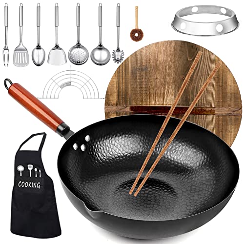 kaqinu Carbon Steel Wok Pan, 14 Piece Woks & Stir-Fry Pans Set with Wooden Lid Cookwares, No Chemical Coated Flat Bottom Chinese Pan for Induction, Electric, Gas, Halogen All Stoves - 12.6