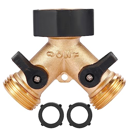 Sanpaint Garden Hose Splitter 2 Way Heavy Duty, Y Connector Brass Garden Hose Adapter, Hose Bib Splitter with 2 Extra Rubber Washers