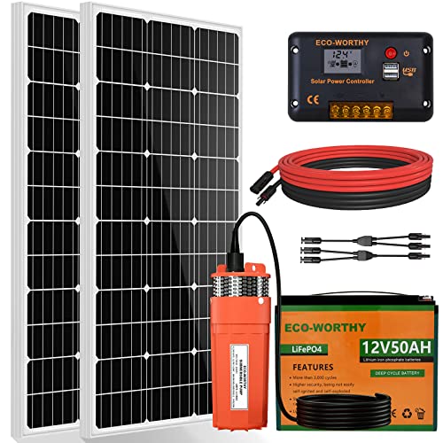 ECO-WORTHY Solar Water Well Pump Kit with 50Ah Lithium Battery, 12V Solar Water Pump + 200W Solar Panel Kit + 50Ah Lithium Battery for Well, Irrigation, Filling Water Tank