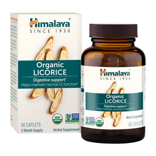 Himalaya Organic Licorice Root Herbal Supplement, Non-DGL, Occasional Heartburn and Indigestion Relief, Upset Stomach Relief, Digestive Support, Non-GMO, USDA Organic, Vegan, 60 Plant-Based Caplets