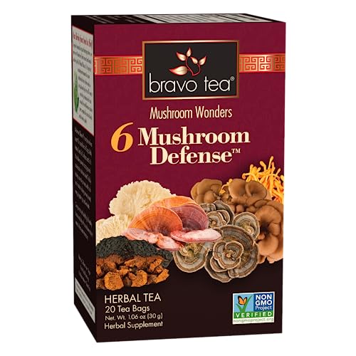 Bravo Tea 6 Mushroom Defense Herbal Tea, Caffeine Free 20 Tea Bags, 1 Count