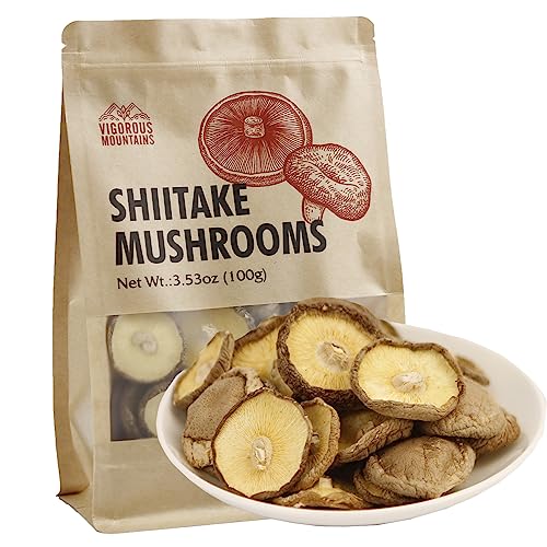 VIGOROUS MOUNTAINS Dried Shiitake Mushrooms for Cooking, Pure Aroma Thin Cap Mushroom without Stem, Rehydrate Quickly, Soft Texture Xiangxin Shiitake, 3.53OZ