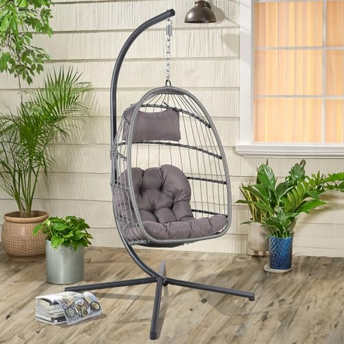 Hanging Egg Swing Chair with Stand and Weather Cover, Foldable for Indoor Outdoor, Wicker Rattan Basket with Cushion for Bedroom, Patio, Porch