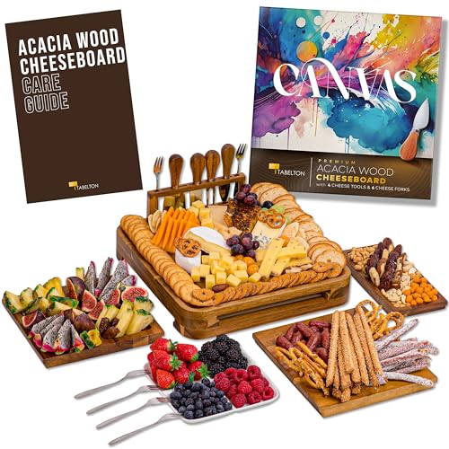 TABELTON Charcuterie Board Set - Large Premium Acacia Cheese Boards Gift Set with 3 Serving Tray and 1 Ceramic Serving Platter and Charcuterie Accessories - Perfect as House Warming Gifts New Home