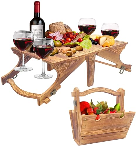 Sinouso Portable Picnic Table, 2 in 1 Folding Wooden Picnic Basket Table,Wine Table with 4 Wine Glasses Holder for Outdoor Lawn, Beach, Park, Garden(11.8×18 Inch)