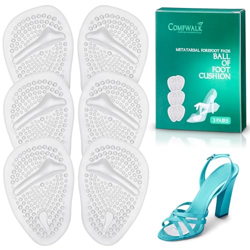 COMFWALK Metatarsal Pads, Ball of Foot Cushion - Soft Cushion Design - Shock Absorbing - Anti-Slip Strong Adhesive - for Womens High Heel Pain Relief - 3 Pairs (Clear)