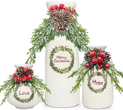 Christmas Decorations -Indoor Home Decor Christmas Vases - for Kitchen Tabletop Christmas Decorations White Ceramic Vase for Country Farmhouse Rustic Coffee Table Christmas Decor