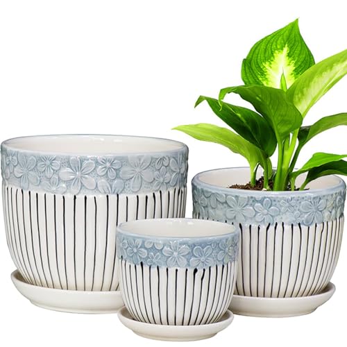 Hlukana Ceramic Plant Pots Set of 3, 6.75/5.6/4.2 inch Planters with Drainage Holes and Saucer, Flower Pots Outdoor Indoor, Modern Decorative Planters for House Plants Garden Planters Succulent Pots