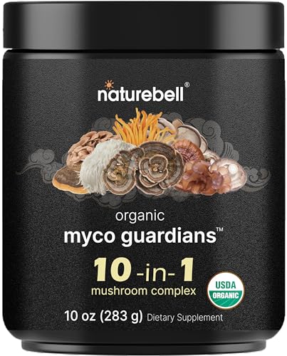 NatureBell Organic Myco Guardians 10 in 1 Mushroom Powder, 10oz | Fresh Superfood Mushrooms Complex – Lions Mane, Turkey Tail, 8 More | Immune Booster & Brain Health Supplement | No Fillers