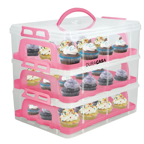 DuraCasa Cupcake Carrier, Cupcake Holder | Premium Upgraded Model Holds Cupcakes Steadier | Store up to 36 Cupcakes or Muffins | Stacking Cupcake Storage Container | Use 1,2, or 3 Tiers (Pink)