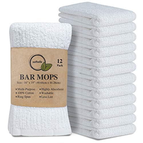 Softolle Kitchen Towels, Pack of 12 Bar Mop Towels -16x19 Inches -100% Cotton White Super Absorbent Towels, Multi-Purpose for Home and Bar Cleaning (White)