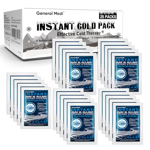 General Medi Instant Ice Cold Pack (4”x 5.5”) – 25 Packs Disposable Cold Therapy Ice Packs for Pain Relief, Swelling, Inflammation, Sprains, Toothache – for Athletes & Outdoor Activities