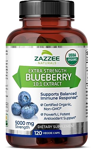 Zazzee USDA Organic Blueberry 10:1 Extract, 5000 mg Strength, 120 Vegan Capsules, 4 Month Supply, Concentrated and Standardized 10X Whole Fruit Extract, 100% Vegetarian, All-Natural and Non-GMO