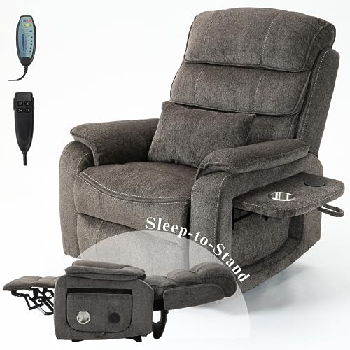 JUUXO Pinnacle Lay Flat Recliner with Lumbar Pillow - Fold Out Tray Cup Holder & Wireless Phone Charger - Dual Motor Lift Chair for Sleeping - Big Tall 400 lbs Capacity (Gray Chenille)