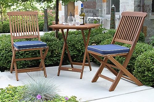 Outdoor Interiors Eucalyptus Wood 3-Piece Square Foldable Bistro Outdoor Furniture Patio Set, Table and 2 Chairs with Cushions, Blue