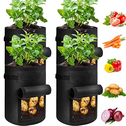 JJGoo 4 Pack Potato Grow Bags 10 Gallon with Flap, Heavy Duty Fabric with Handle and Harvest Window, Non-Woven Planter Pot Plant Garden Bags to Grow Vegetables Tomato, Black
