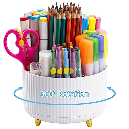 Marbrasse Desk Organizer, 360-Degree Rotating Pen Holder for Desk, Desk Organizers and Accessories with 5 Compartments Pencil Organizer, Art Supply Storage Box Caddy for Office, Home （White）