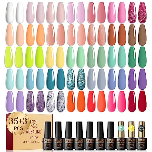 ROSALIND Gel Nail Polish Set,35 Pcs Pink Red jelly White Gel Polish Collection Summer Starter Set Glitter Nail Polish Pink Colors with Glossy & Matte Top Base Coat Nail Art Gift for Manicure