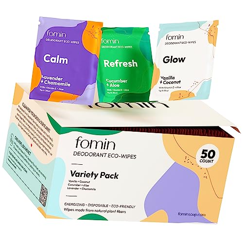 FOMIN Deodorant Wipes - 50 Count - Variety Pack - Eco-Friendly Mini Deodorant Wipes for Women, Travel Size Individually Wrapped Wipes, Anti Sweat & Armpit Deodorant Wipes for Sensitive Skin