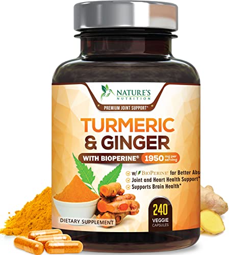 Turmeric Curcumin with BioPerine & Ginger 95% Standardized Curcuminoids 1950mg Black Pepper for Max Absorption Joint Support, Nature
