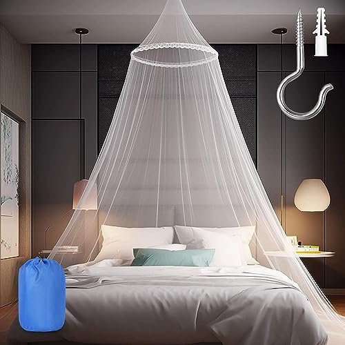 Sublaga Mosquito Net for Bed, Large White Bed Canopy for Girls, Hanging Bed Net, Easy Installation Ideal for Bedroom Decorative, Travel with Storage Bag (Lace Flower)