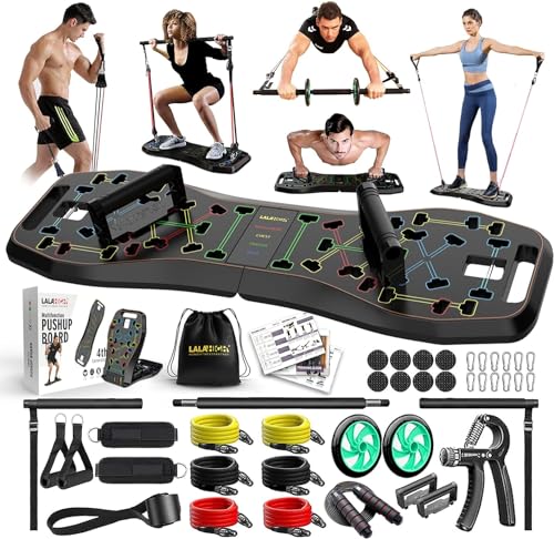 LALAHIGH Portable Home Gym System: Large Compact Push Up Board, Pilates Bar & 20 Fitness Accessories with Resistance Bands & Ab Roller Wheel - Full Body Workout for Men and Women, Gift for Boyfriend