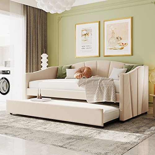 Livavege Twin Size Upholstered Daybed with Trundle Bed on Wheels for Kids, Boys and Girls, Curved Backrest Velvet Twin Day Bed Frame w/Wood Slat, Twin Sofa Bed for Living Room, Bedroom, Apartment