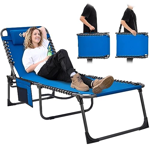 KingCamp Lounge Chairs for Outside, Folding Adjustable Patio Chaise Lounges for Pool, Beach, Sunbathing, Deck, Lawn, Portable Heavy Duty Lay Flat Reclining Foldable Camping Cot for Outdoor with Pillow