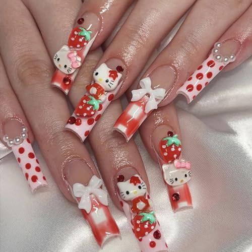 French Tips Press on Nails Long Coffin- 24 Pcs Hello Kitty Fake Nails with Charms Acrylic Glue on Nails French Bow False Nails Full Cover Stick on Nails for Women and Girls Manicure Decorations