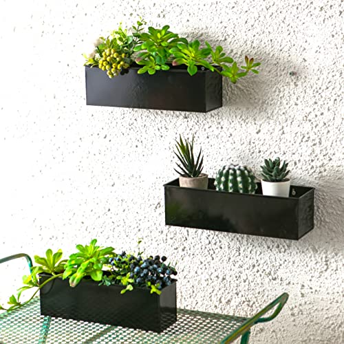 LaLaGreen Wall Planter - 3 Pack, 12 Inch Large Wall Mount Succulent Planters Black, Wall Hanging Rectangular Metal Flower Pot Window Planter Box Fence Railing Minimalist Floating Shelve Indoor Outdoor