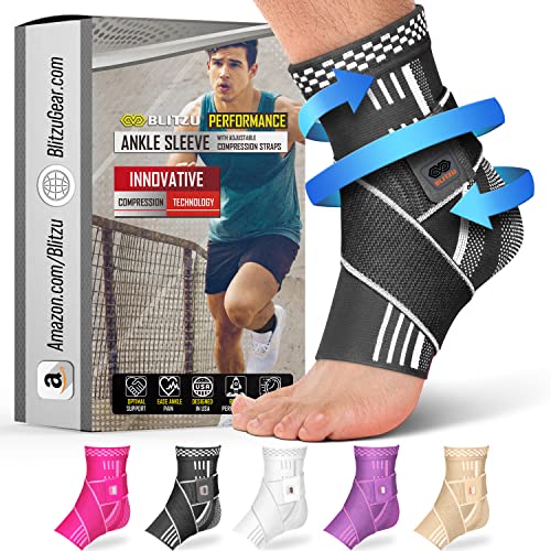 BLITZU Ankle Brace With Adjustable Compression Support Strap for Achilles Tendonitis, Joint Pain Relief. Ankle Wrap for Women & Men. Sprained Ankle & Protectors Sleeve Heel Pain, Foot Arch Black L