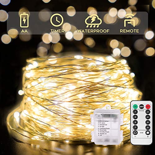 SUDDUS 33ft 100 LED Outdoor String Lights, Warm White Fairy Lights Battery Operated with Remote, Led Twinkle Lights for Bedroom, Dorm, Backyard, Wedding, Tree, Mason Jar, Wall, Christmas