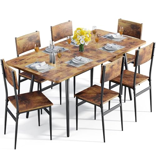 Qsun 63” Extendable Dining Table Set for 4-6 People, 7-Piece Dining Table Set for 6 People with 6 Chairs, MDF Wood Board Kitchen Table Set for Small Space and Apartment, Rustic Brown