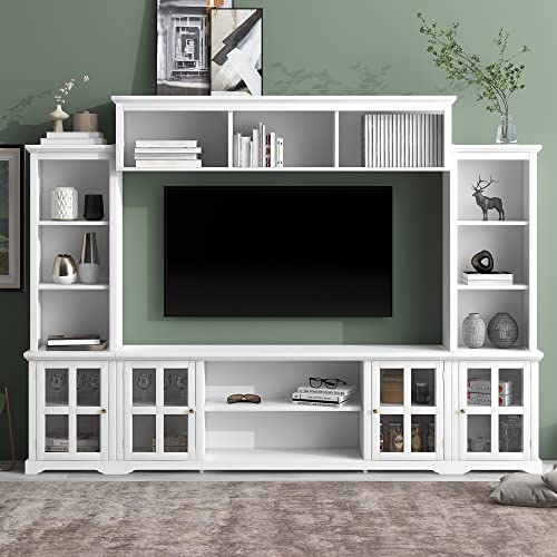 Wall Unit Entertainment Center with Bookshelves, Entertainment Wall Unit with Bridge and Tempered Glass Door, TV Wall Unit for TVs up to 70 Inch, White